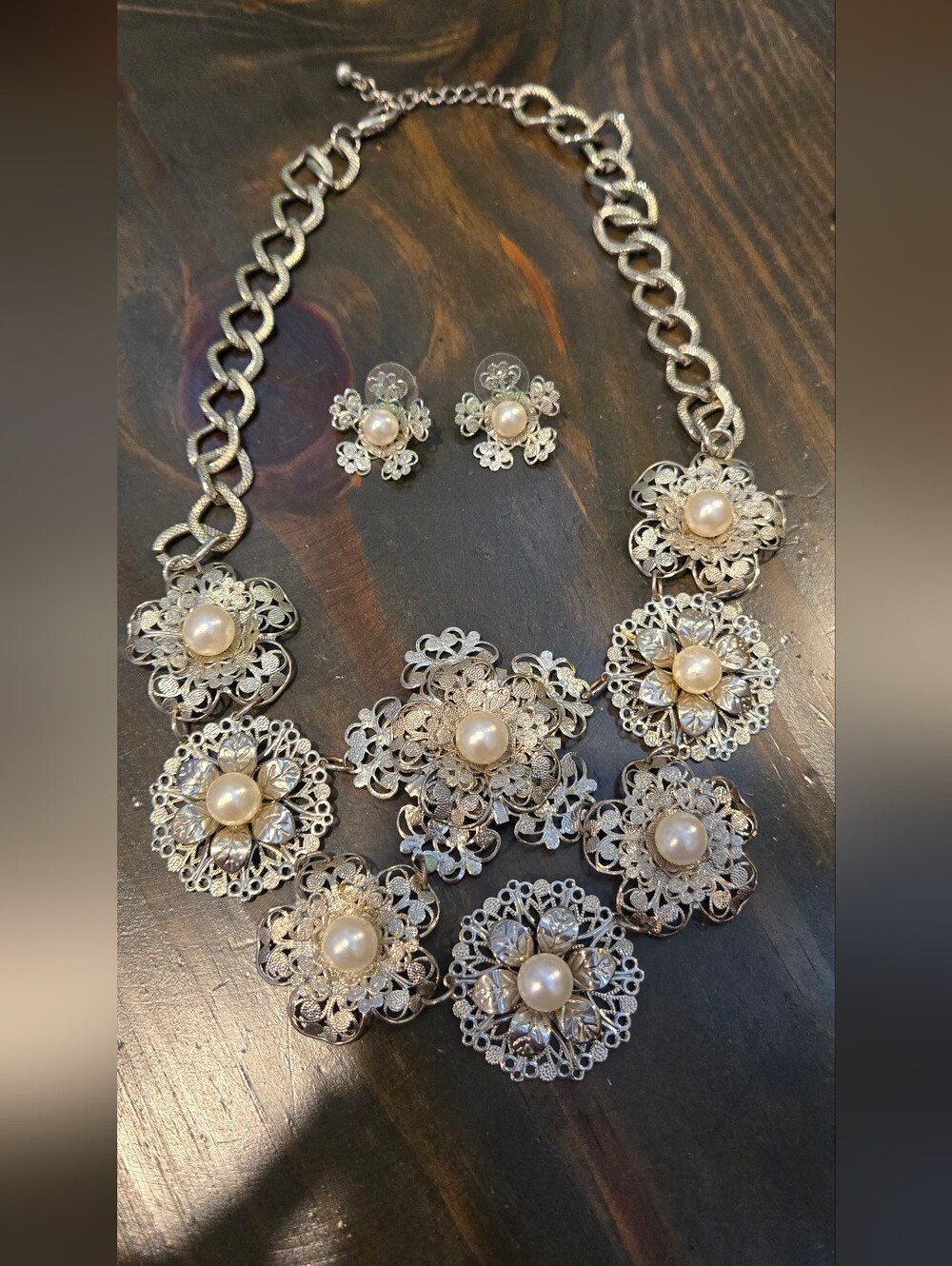 Silver-Tone Pearl Flower Statement Necklace & Earring Set